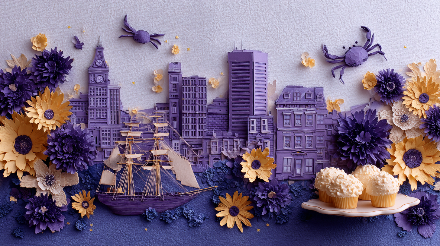 Purple and gold Baltimore keepsake collage with the skyline, a tall ship, crabs, flowers, and cupcakes